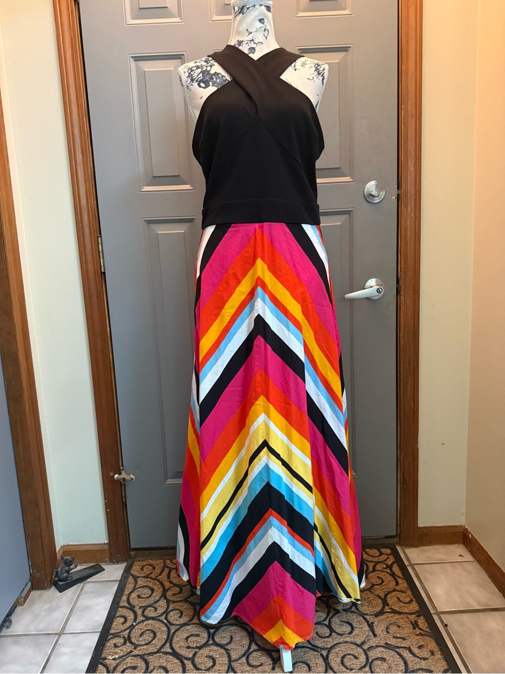 NY & Co- cross top Black Dress with vibrant rainbow stripes (med)